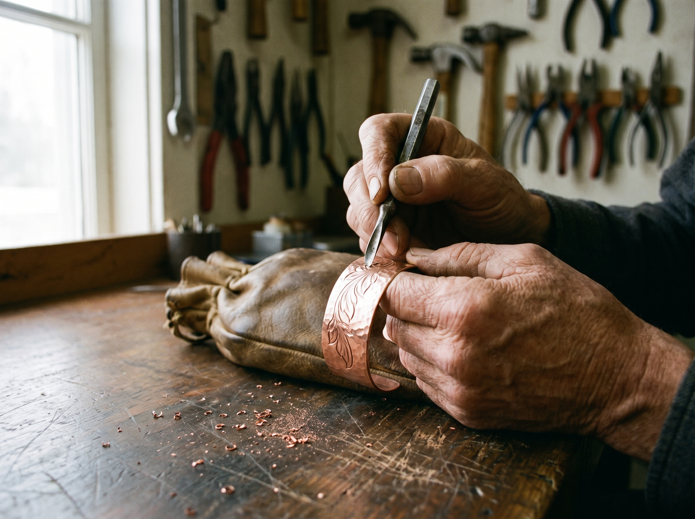 Engraving a copper cuff by hand