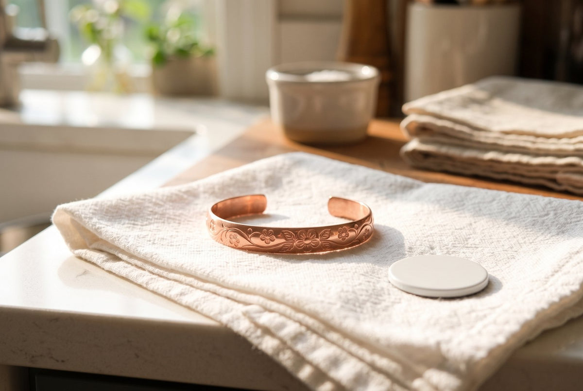 Sharon's solid copper cuff, engraved with a floral vine, resting on a folded white kitchen towel in bright morning windo