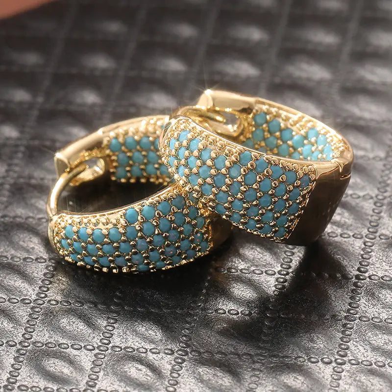 Golden-Tone Turquoise Beaded Hoop Earrings