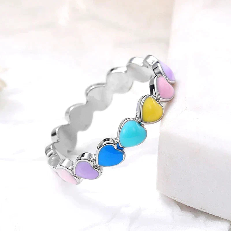 Rainbow Hearts Ring made of 925 Sterling Silver and Hand-Painted Enamel