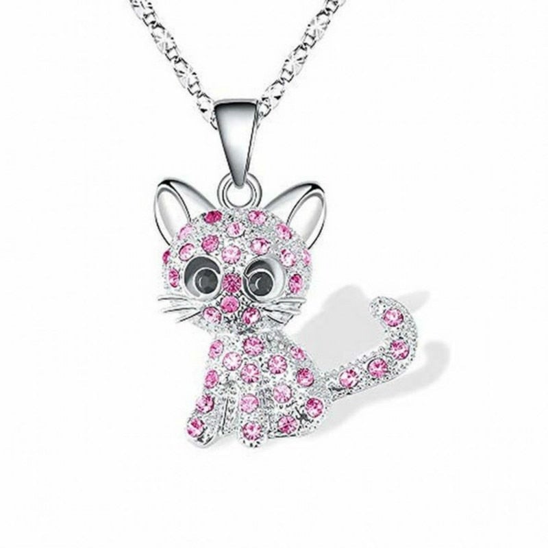 Silver necklace with cat pendant and colored zirconia stones