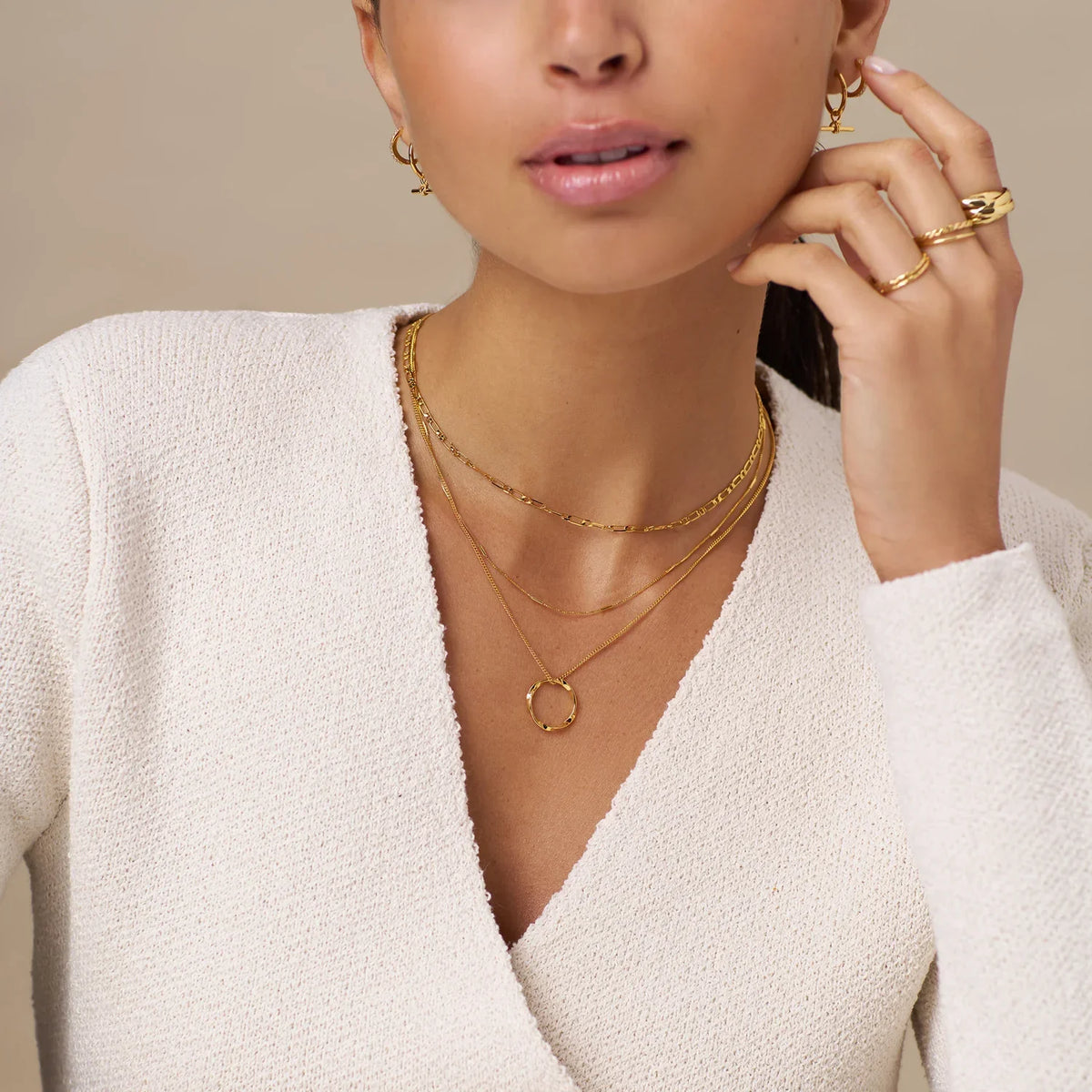 Open Circle Three Row Necklace | Gold 18k