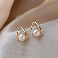 Triangular Hollow Earrings with Elegant Pearls