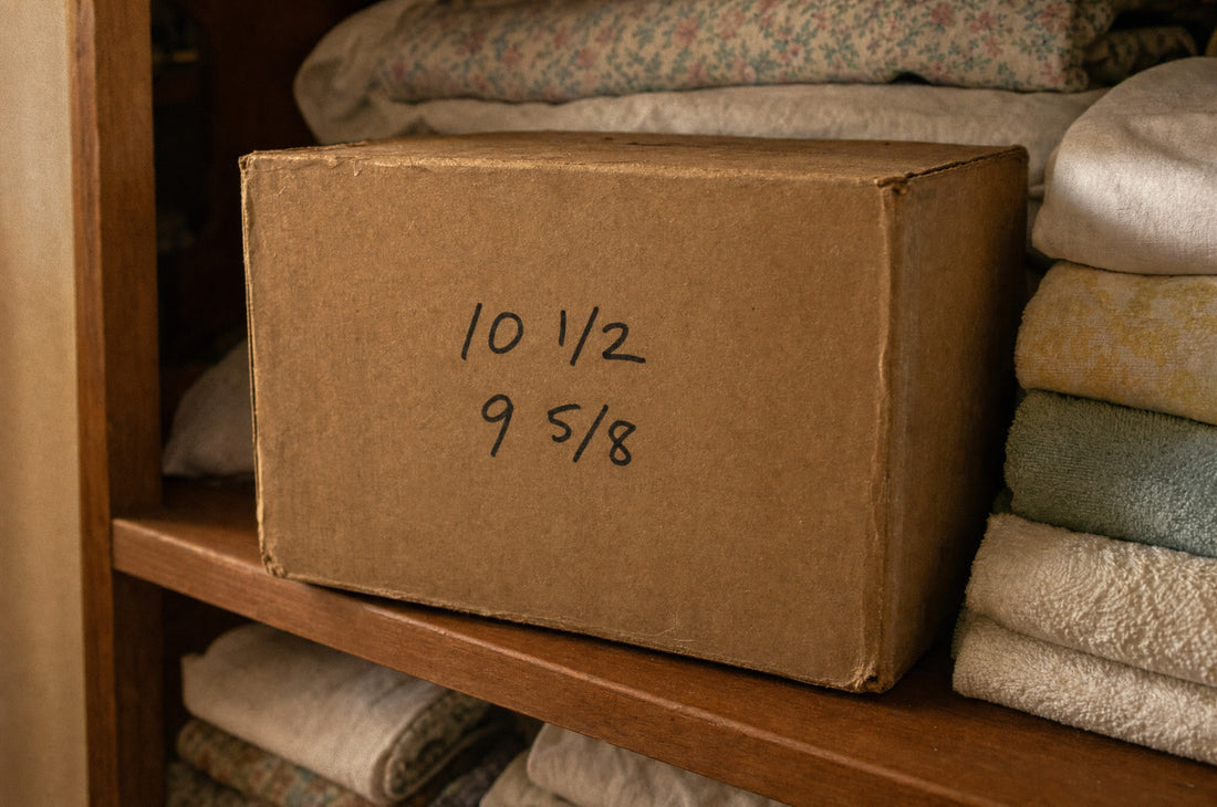 A shipping box with two ankle measurements written on it