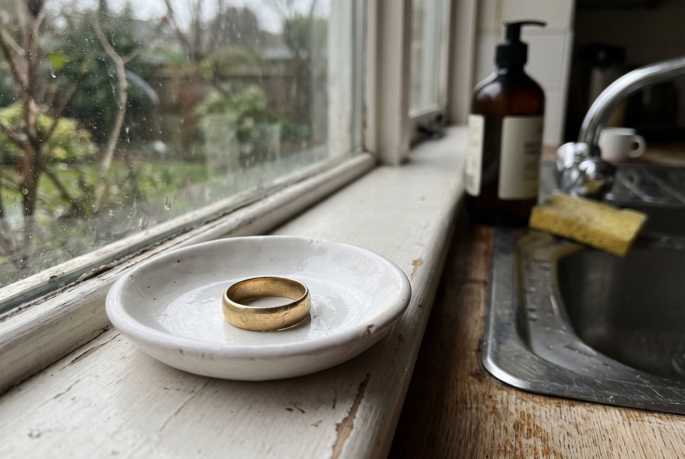 Her wedding band in a dish by the kitchen sink