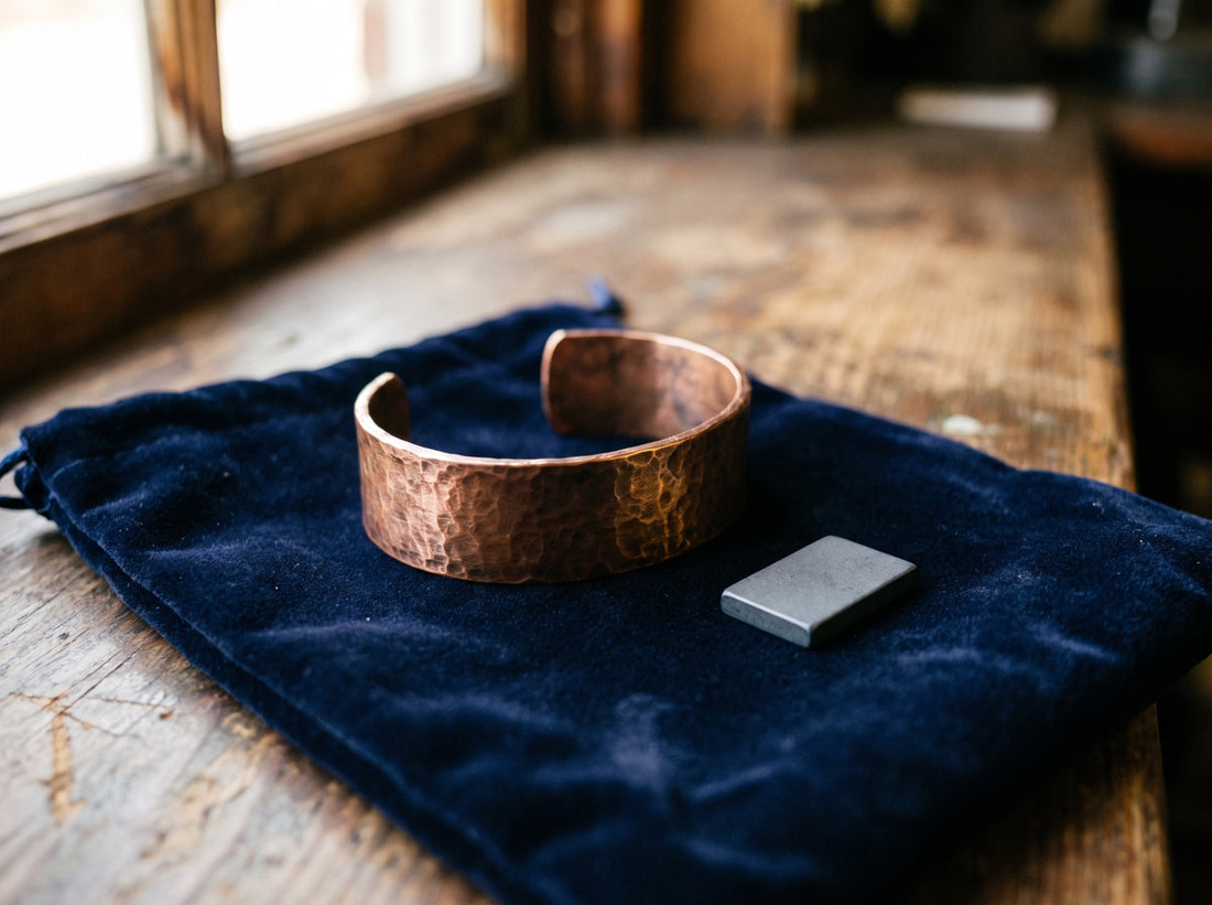 A solid copper cuff, hand finished in the New York workshop