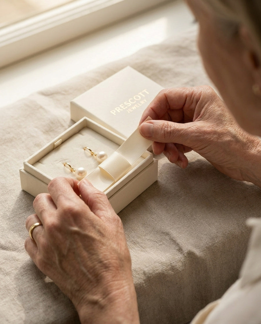 Untying the ribbon on a Prescott Jewelry box
